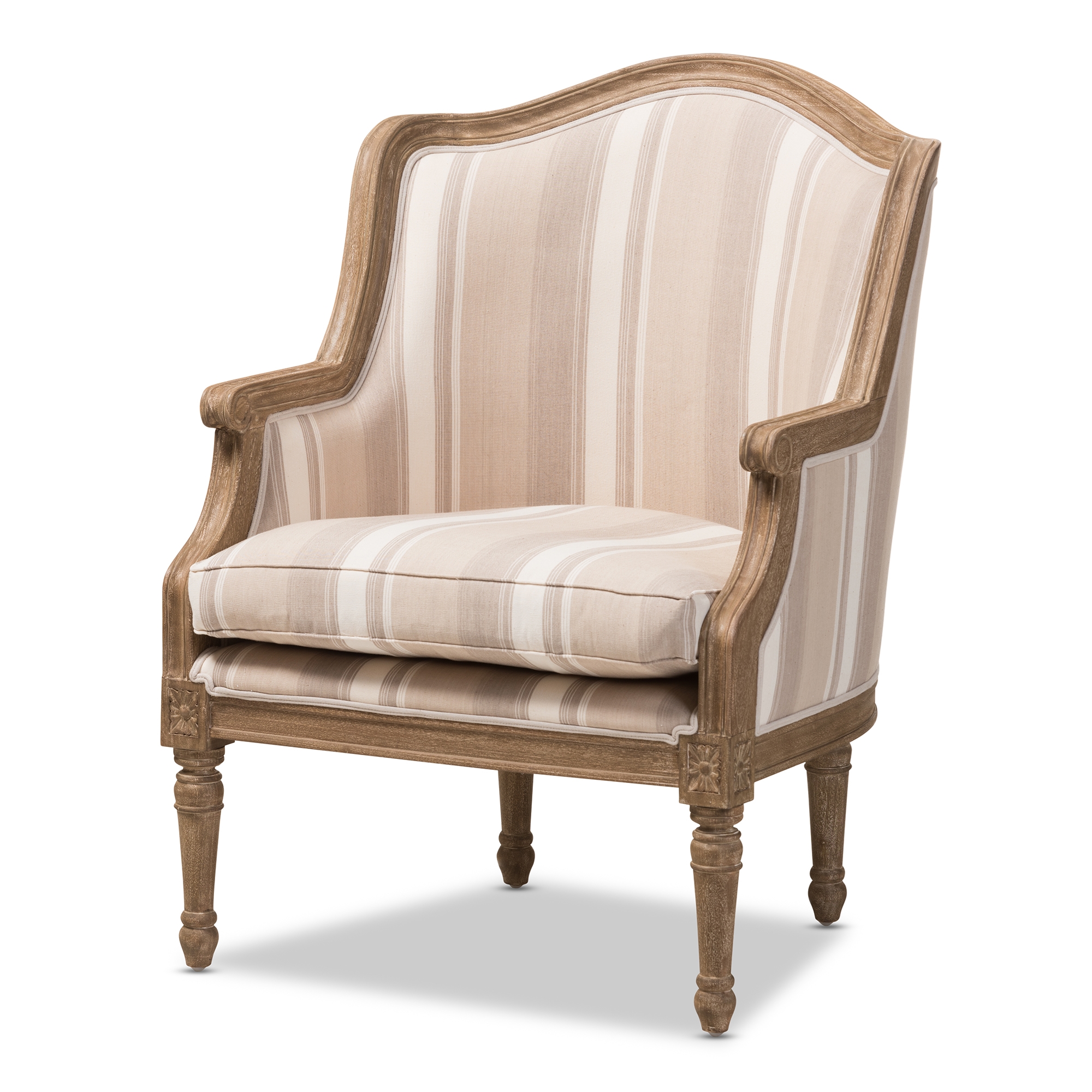 Baxton Studio Charlemagne Traditional French Accent Chair Oak Brown Stripe Wholesale Interiors